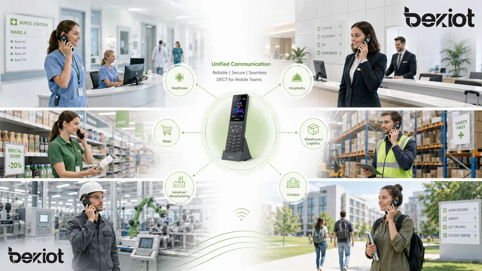 Aplicaciones empresariales DECT en entornos de comunicación de sanidad, hostelería, comercio minorista, almacén, industria y campus
