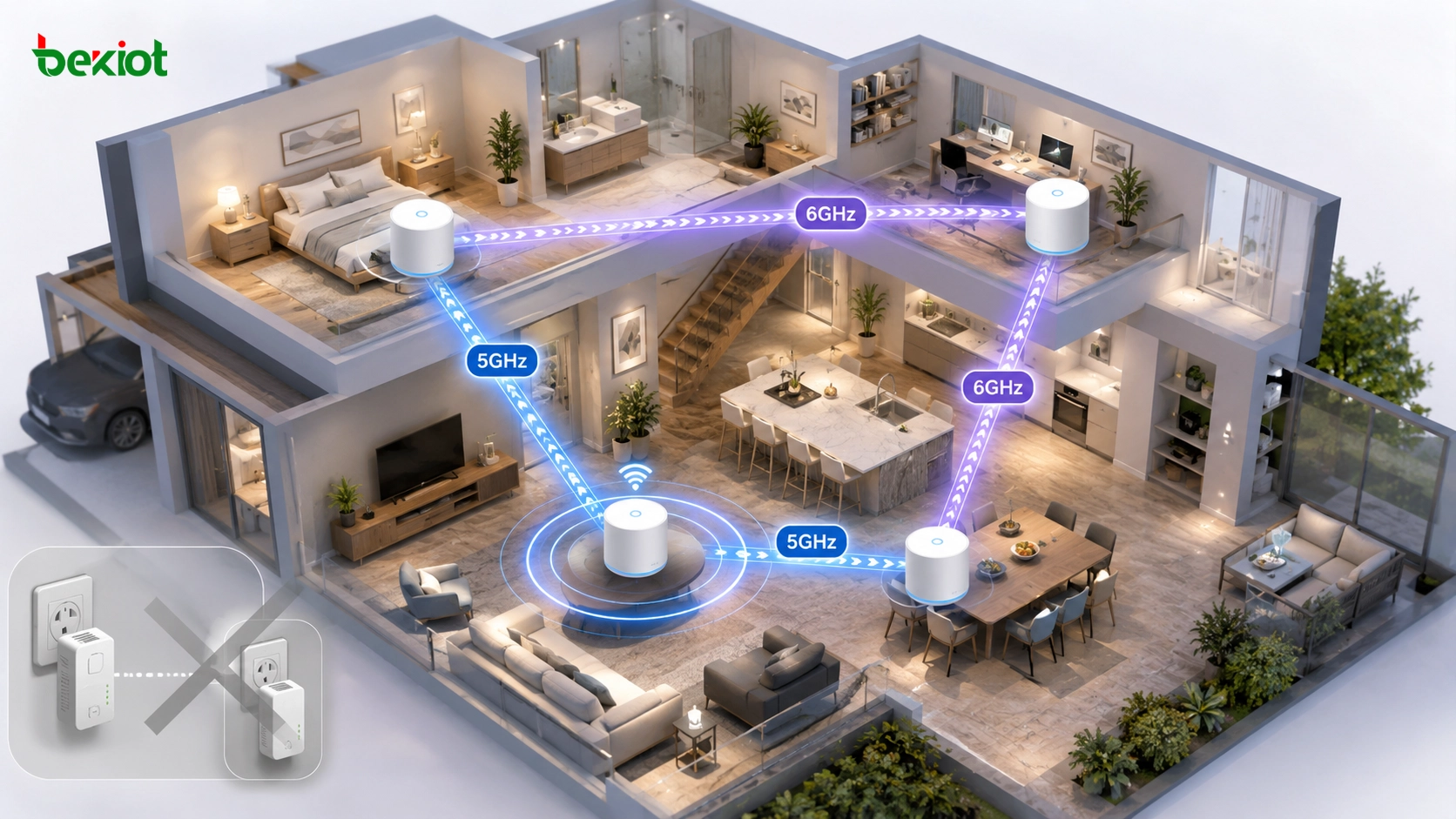 Red Wi-Fi Mesh sustituyendo adaptadores powerline para cobertura en todo el hogar con backhaul inalámbrico de 5GHz y 6GHz