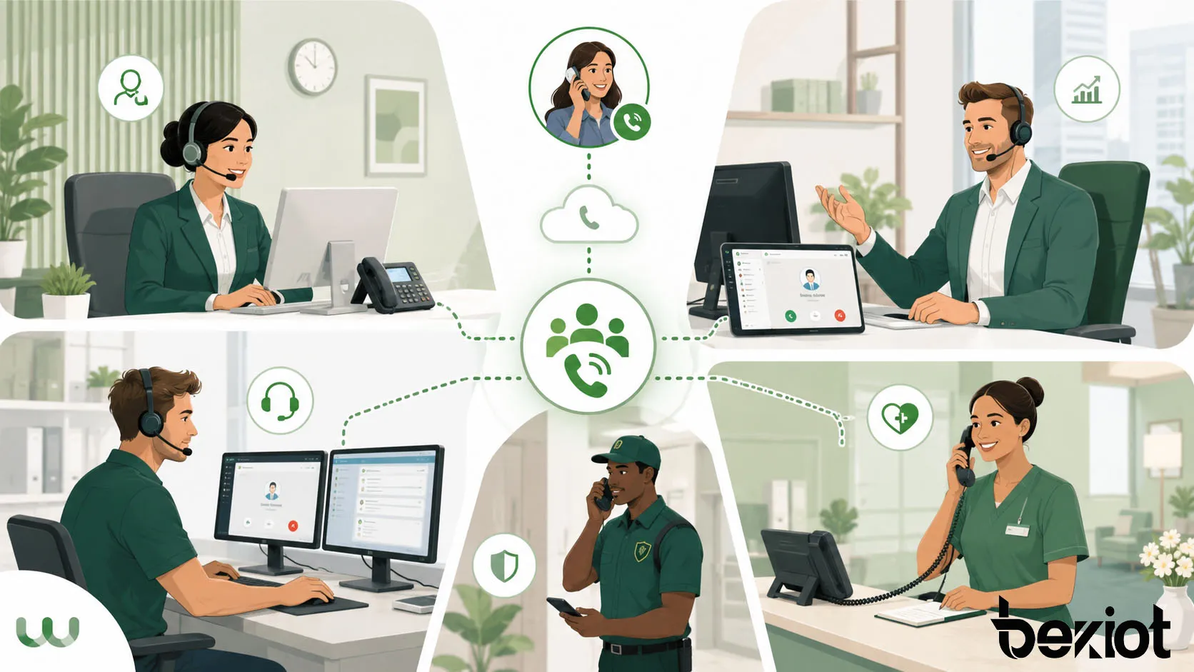 Aplicaciones de grupo de timbrado en equipos de recepción ventas soporte seguridad mantenimiento de instalaciones salud y hotelería