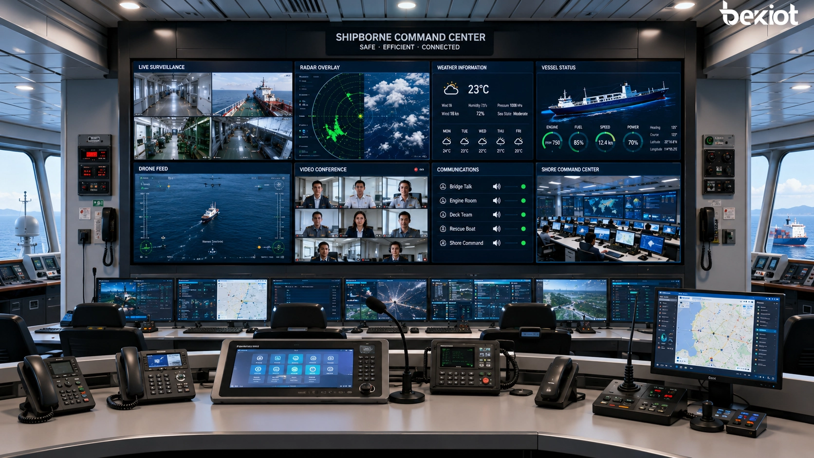 Centro de mando audiovisual embarcado que conecta sala de control del buque, comunicación SIP, cámaras de vigilancia, datos de radar, información meteorológica, drones, teléfono satelital, sistema de radio y centro de mando en tierra
