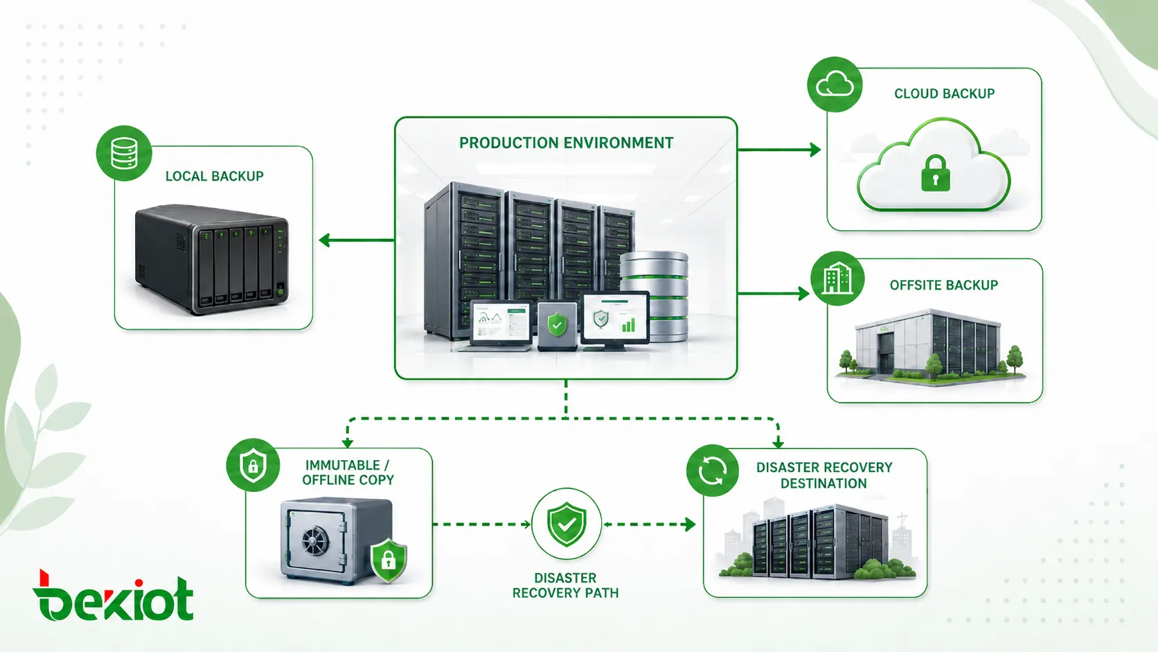 Arquitectura de copia de seguridad con backup local backup en la nube almacenamiento externo copia inmutable y ruta de recuperación ante desastres