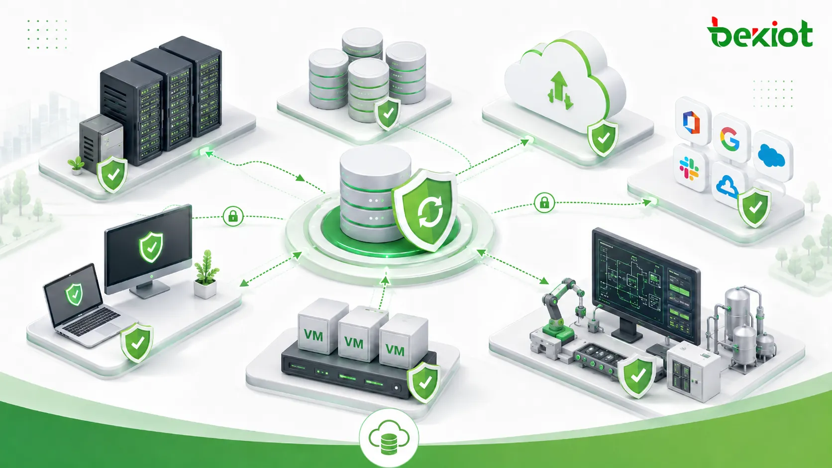 Aplicaciones de copia de seguridad para servidores empresariales bases de datos endpoints plataformas cloud y SaaS máquinas virtuales y sistemas industriales