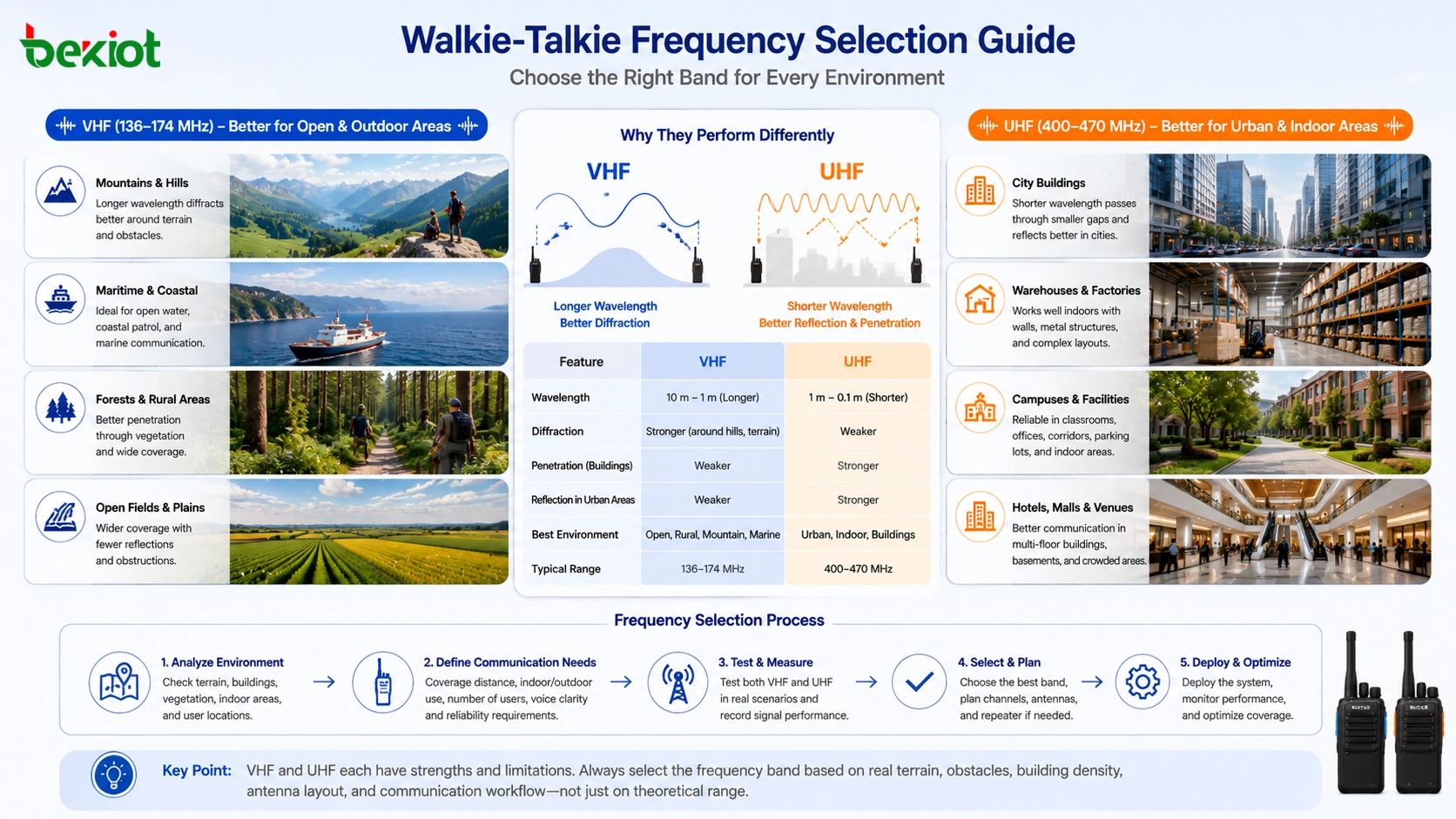 Guía de selección de frecuencia de walkie-talkies que compara VHF y UHF para edificios urbanos, campos abiertos, bosques, montañas, almacenes y comunicación marítima