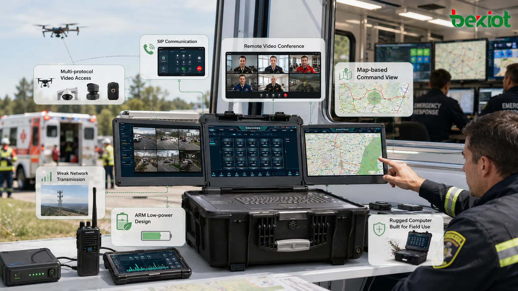 Flujo de selección de cajas de mando de emergencia comparando requisitos de campo, comunicación SIP, videoconferencia, procesamiento multimedia multiprotocolo, transmisión en red débil, diseño ARM de bajo consumo y uso de ordenador rugerizado