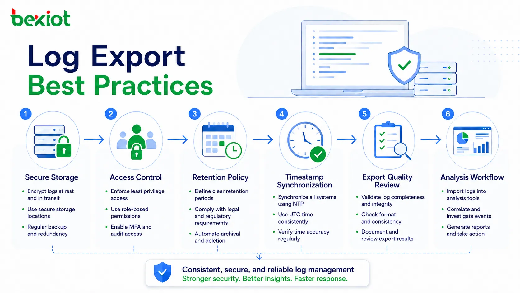 Buenas prácticas de exportación de registros con almacenamiento seguro, control de acceso, política de retención, sincronización de tiempo y flujo de análisis