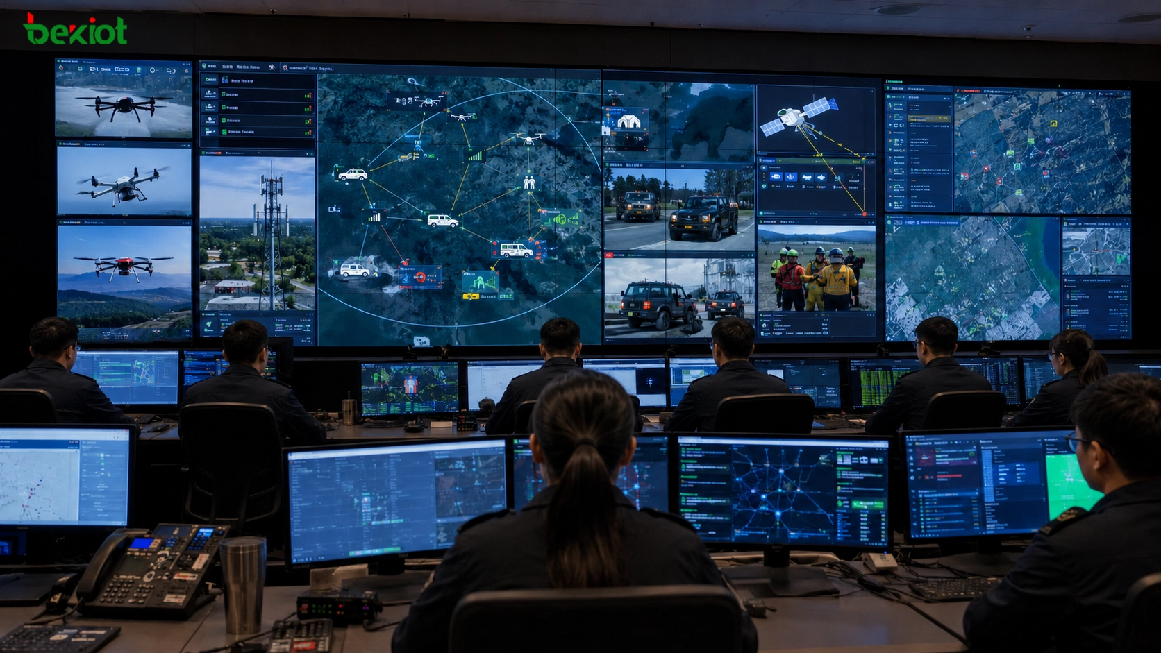 Centro de mando unificado de comunicación de emergencia que monitorea redes de zonas de desastre, estaciones base con drones, enlaces satelitales, vehículos y equipos de rescate en campo