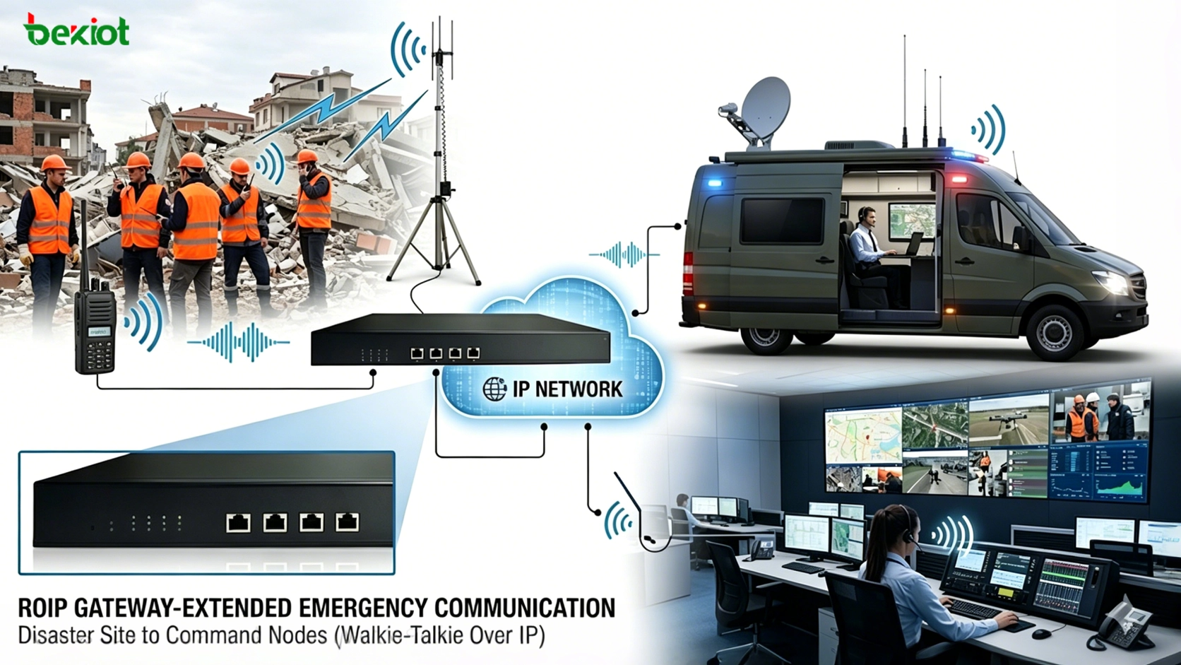 El acceso RoIP ayuda a extender la comunicación de radio local desde el sitio del incidente hasta el vehículo de mando de emergencia y el centro de mando remoto.