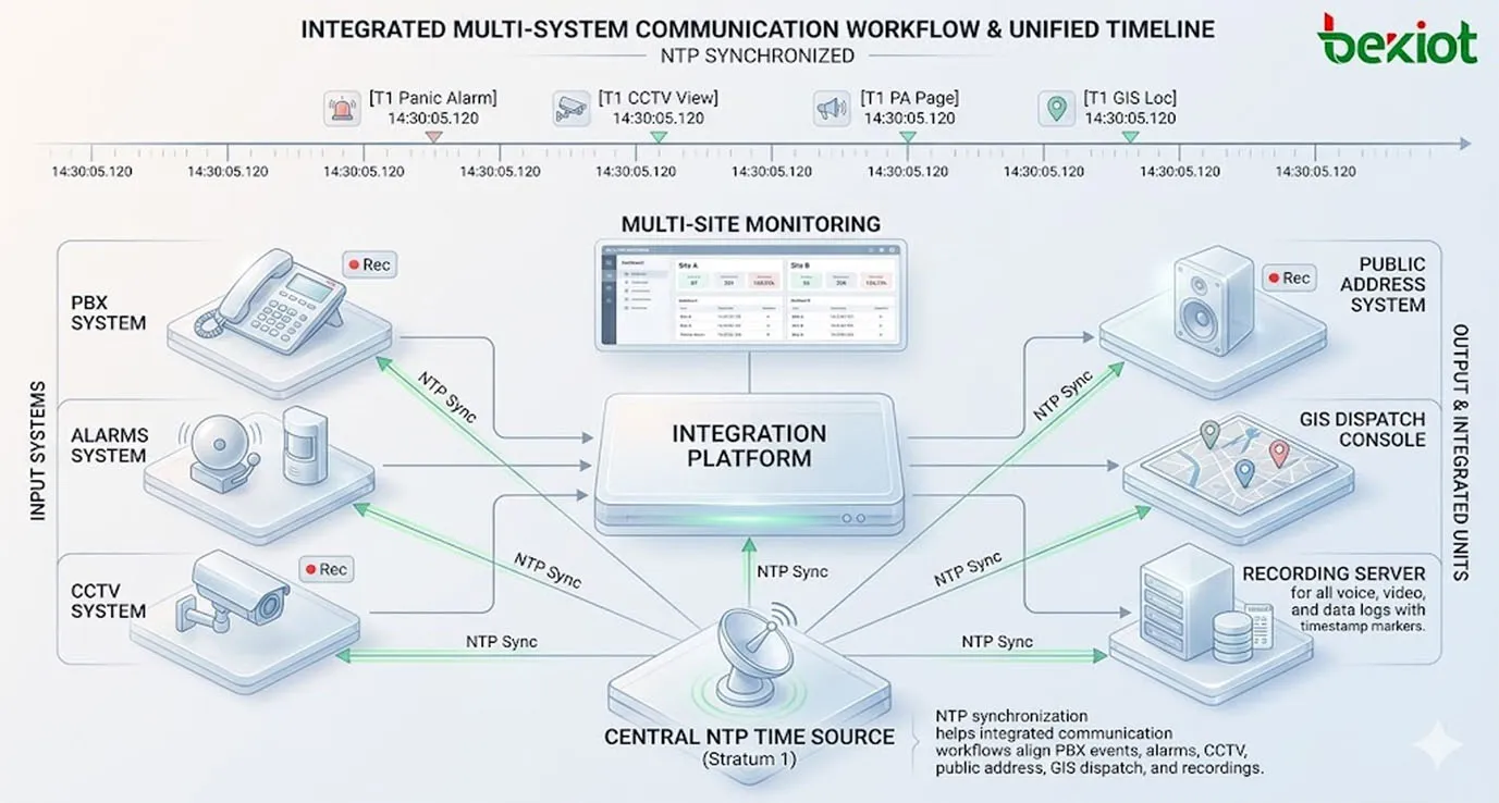 Sincronización NTP en flujo de trabajo de comunicación multisistema que muestra PBX, alarmas, CCTV, megafonía, despacho GIS, grabación y monitoreo multisitio