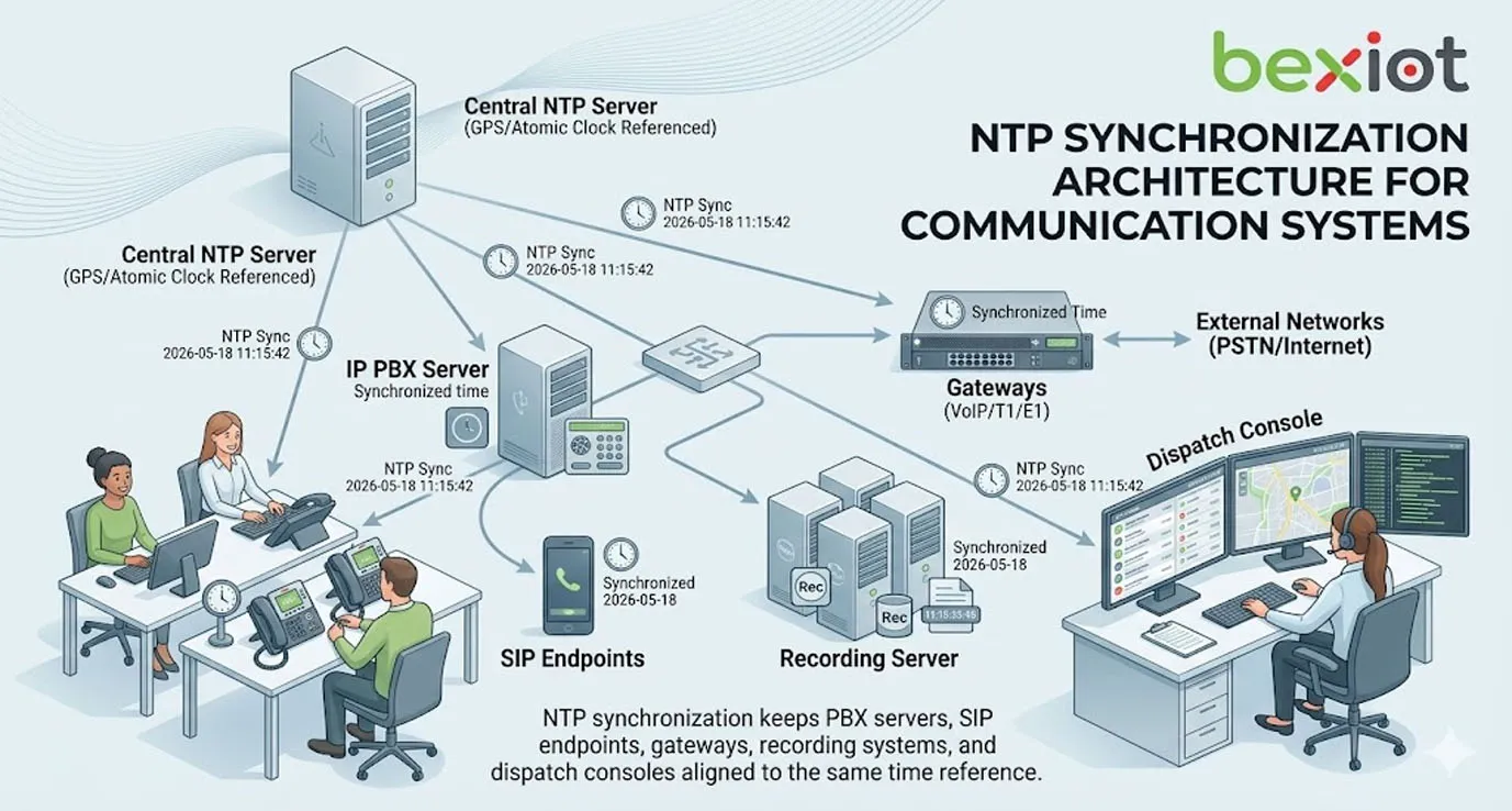 Sincronización NTP para reproducción de grabaciones que muestra grabaciones de voz, clips de video, registros de alarmas y línea de tiempo de despacho alineados por marcas de tiempo precisas