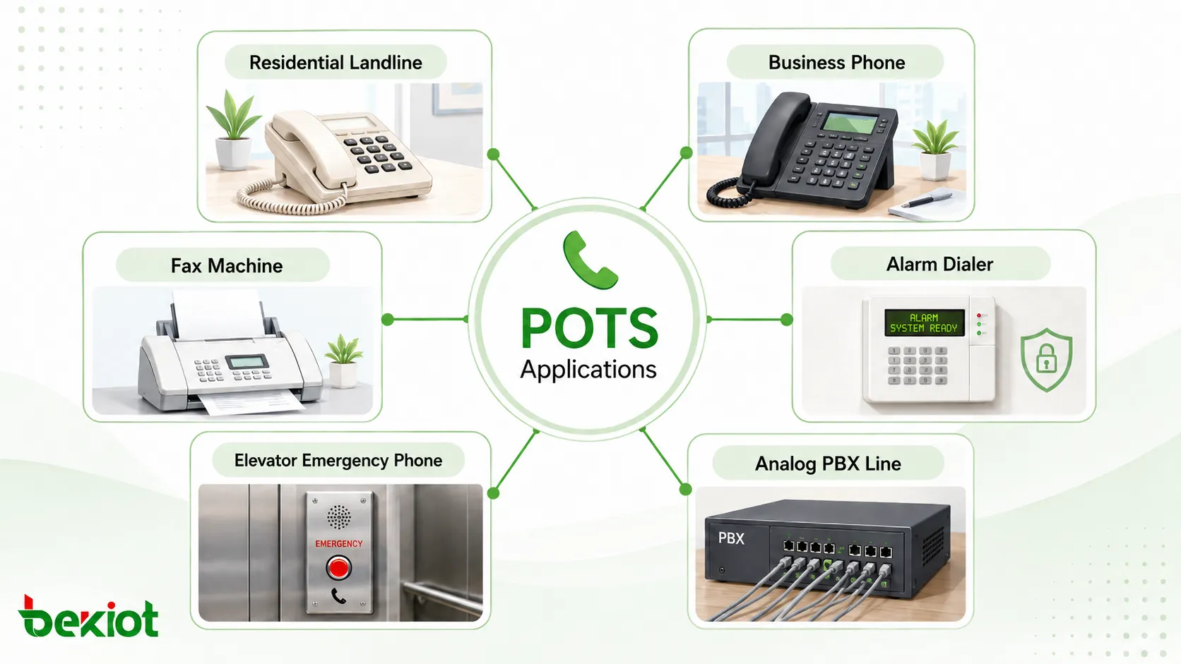 Aplicaciones del POTS que muestran línea fija residencial, teléfono empresarial, máquina de fax, marcador de alarma, teléfono de emergencia de ascensor y línea de PBX analógico