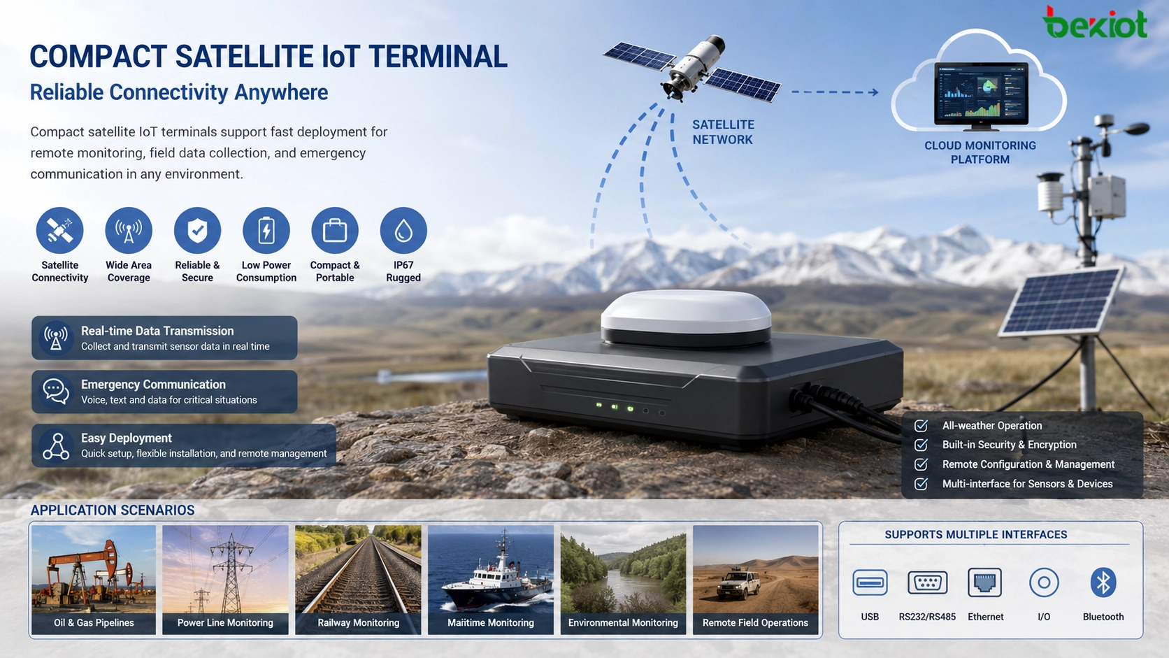 Terminal compacto de IoT satelital desplegado en campo remoto para datos de sensores y comunicación de emergencia
