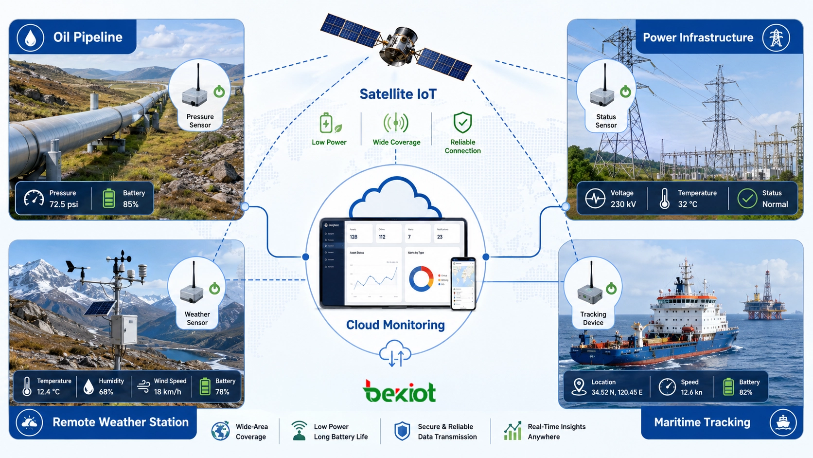 Dispositivos IoT satelitales de bajo consumo que monitorean presión de tuberías, torres eléctricas, estación meteorológica y activos marítimos