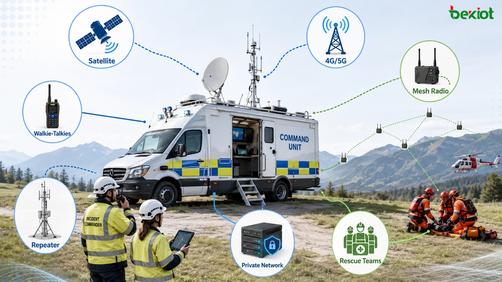 Vehículo de mando conectando enlace satelital, router de agregación 5G, radio de malla, walkie-talkies y equipos de rescate