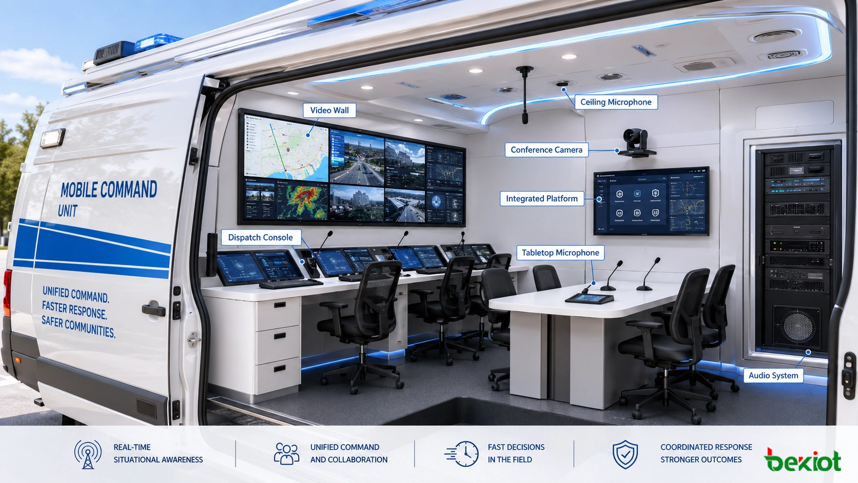 Interior de vehículo de mando con videowall, consola de despacho, cámara de conferencia, micrófono, audio y plataforma integrada