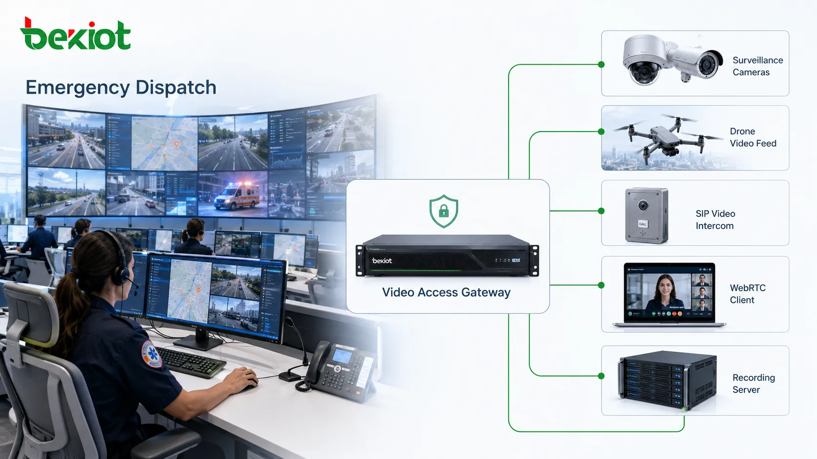 Plataforma de despacho de emergencia con pasarela de vídeo, cámaras, drones, videoportero SIP, cliente WebRTC y grabación