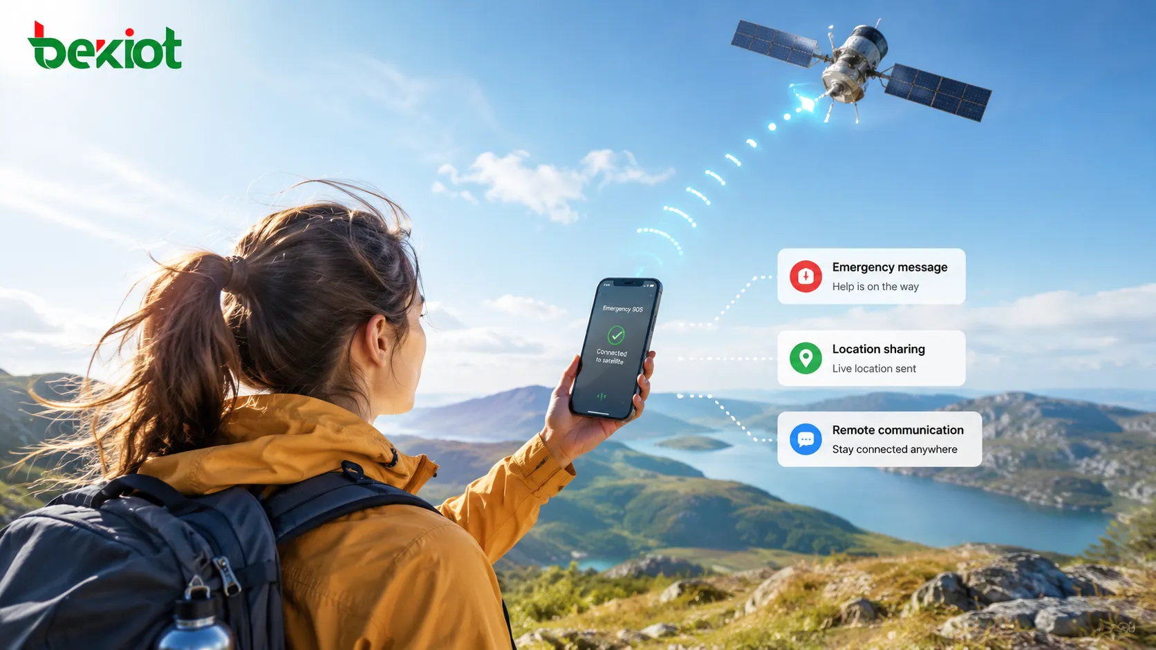 Teléfono móvil ordinario conectado directamente a una red NTN satelital para mensajes de emergencia, compartir ubicación y comunicación remota