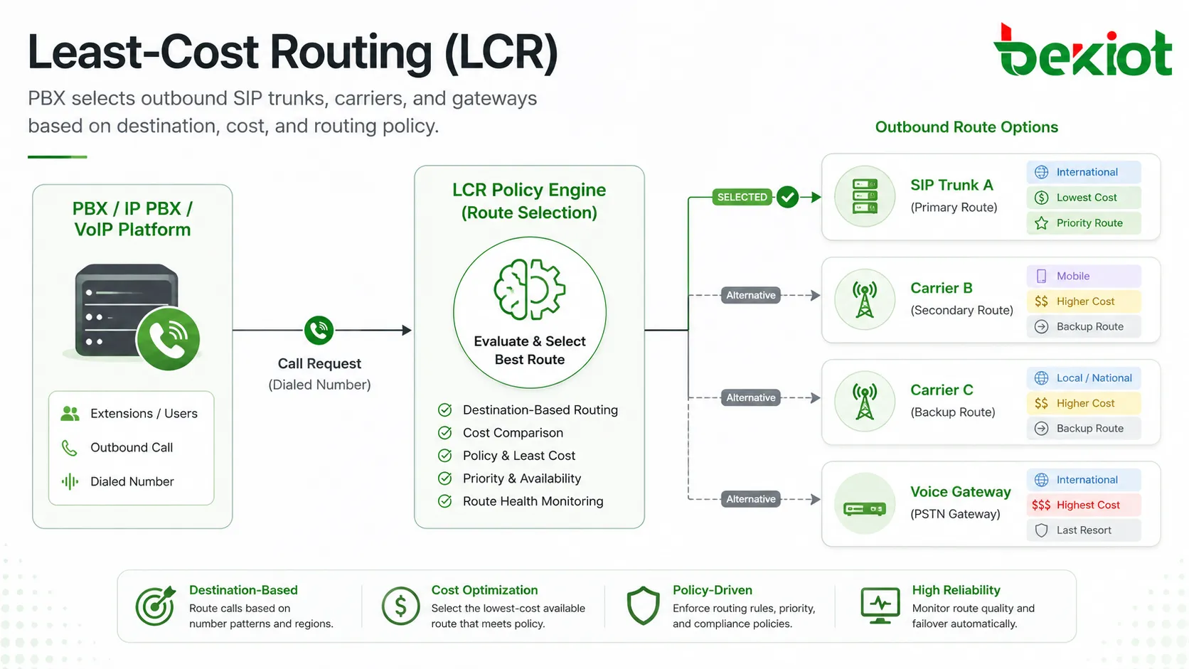 Diagrama de enrutamiento de menor costo LCR que muestra un PBX seleccionando troncales SIP, operadores y pasarelas según el destino, costo y política de enrutamiento