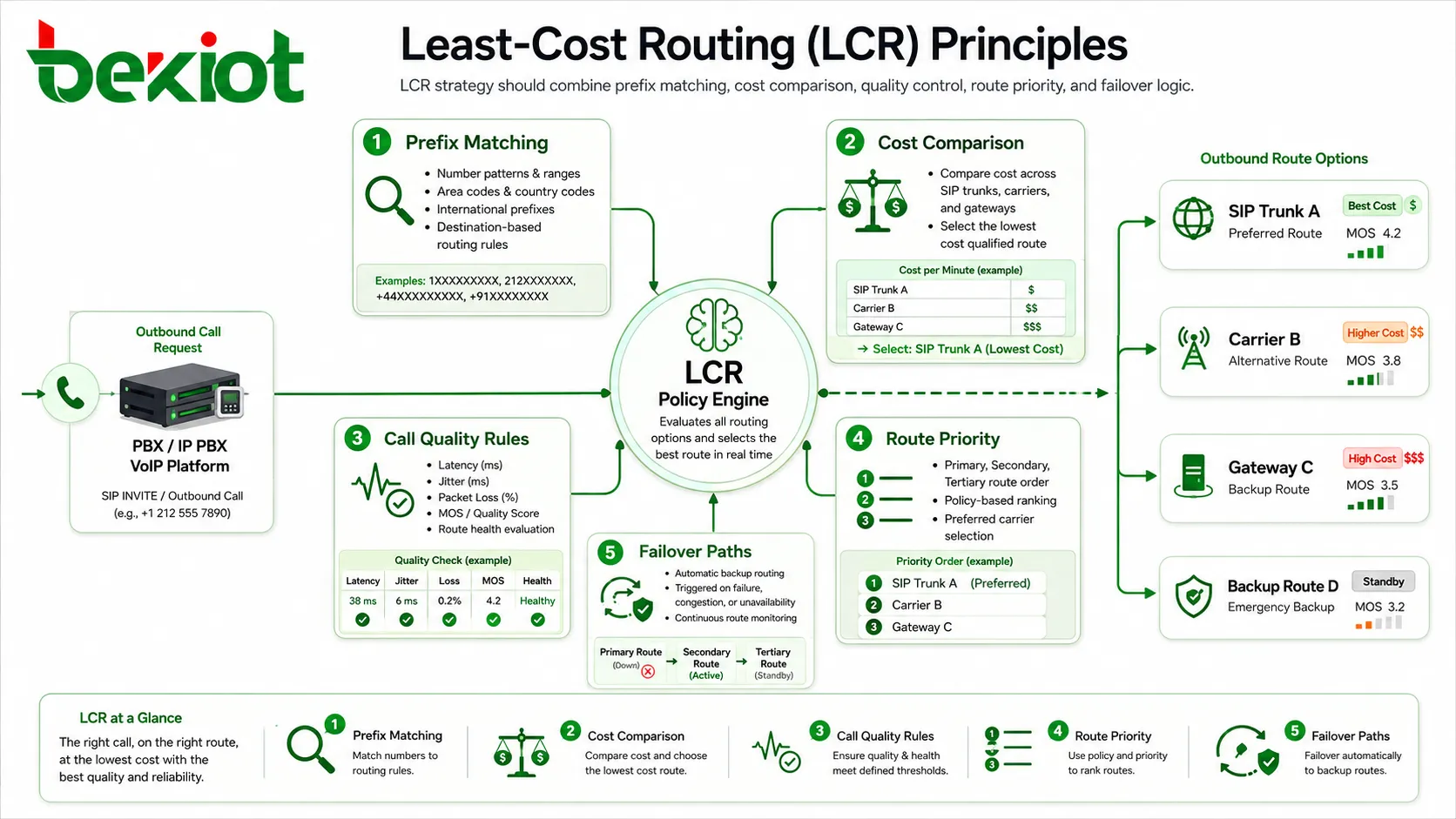 Principios del enrutamiento de menor costo LCR que incluyen coincidencia de prefijos, comparación de costos, reglas de calidad, prioridad de ruta y rutas de conmutación por error
