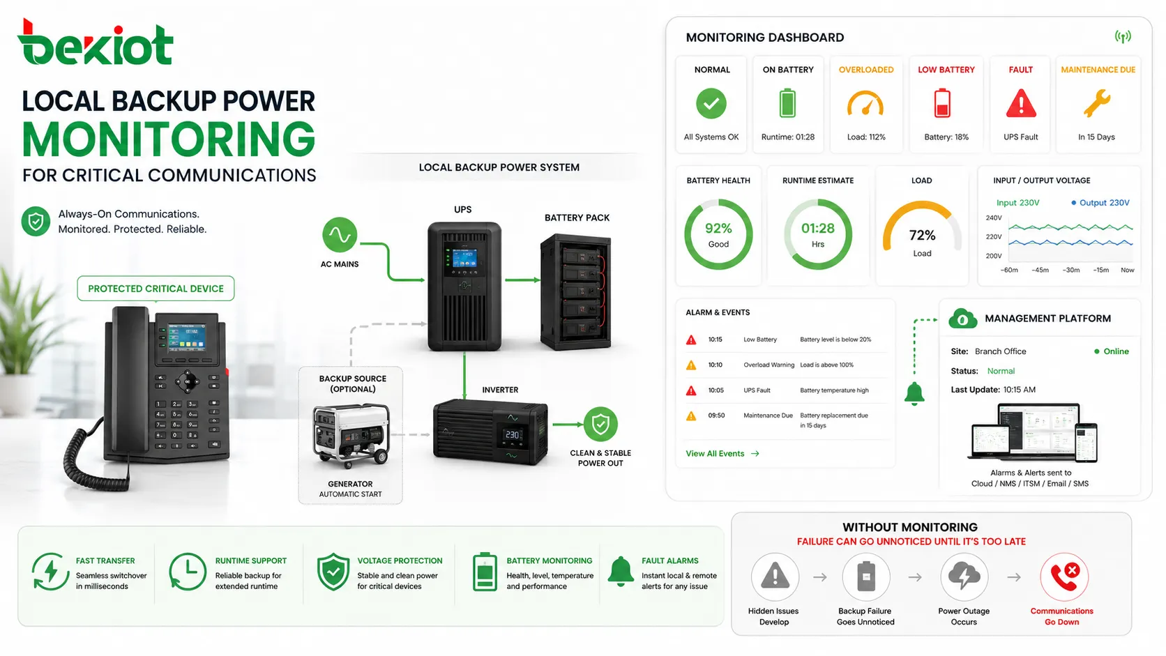 Funciones de alimentación local de respaldo con monitoreo de autonomía batería alarma de sobrecarga protección de tensión y panel de estado