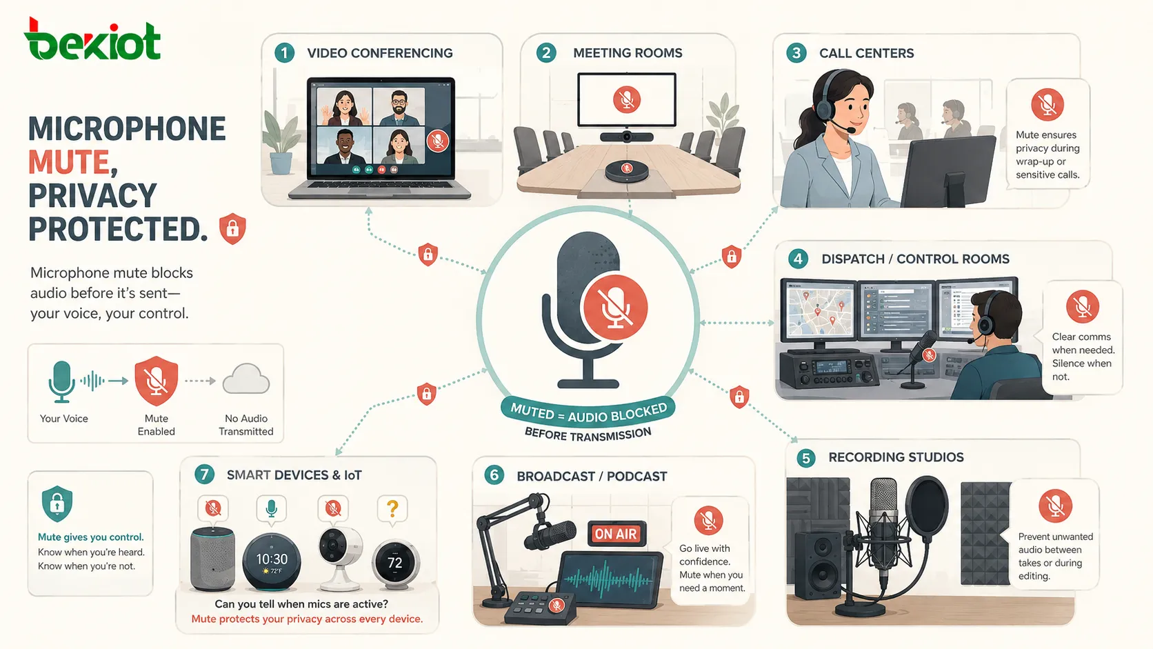 Aplicaciones del silenciamiento del micrófono en videoconferencias, salas de reuniones, centros de llamadas, sistemas de despacho, transmisión, grabación y dispositivos inteligentes