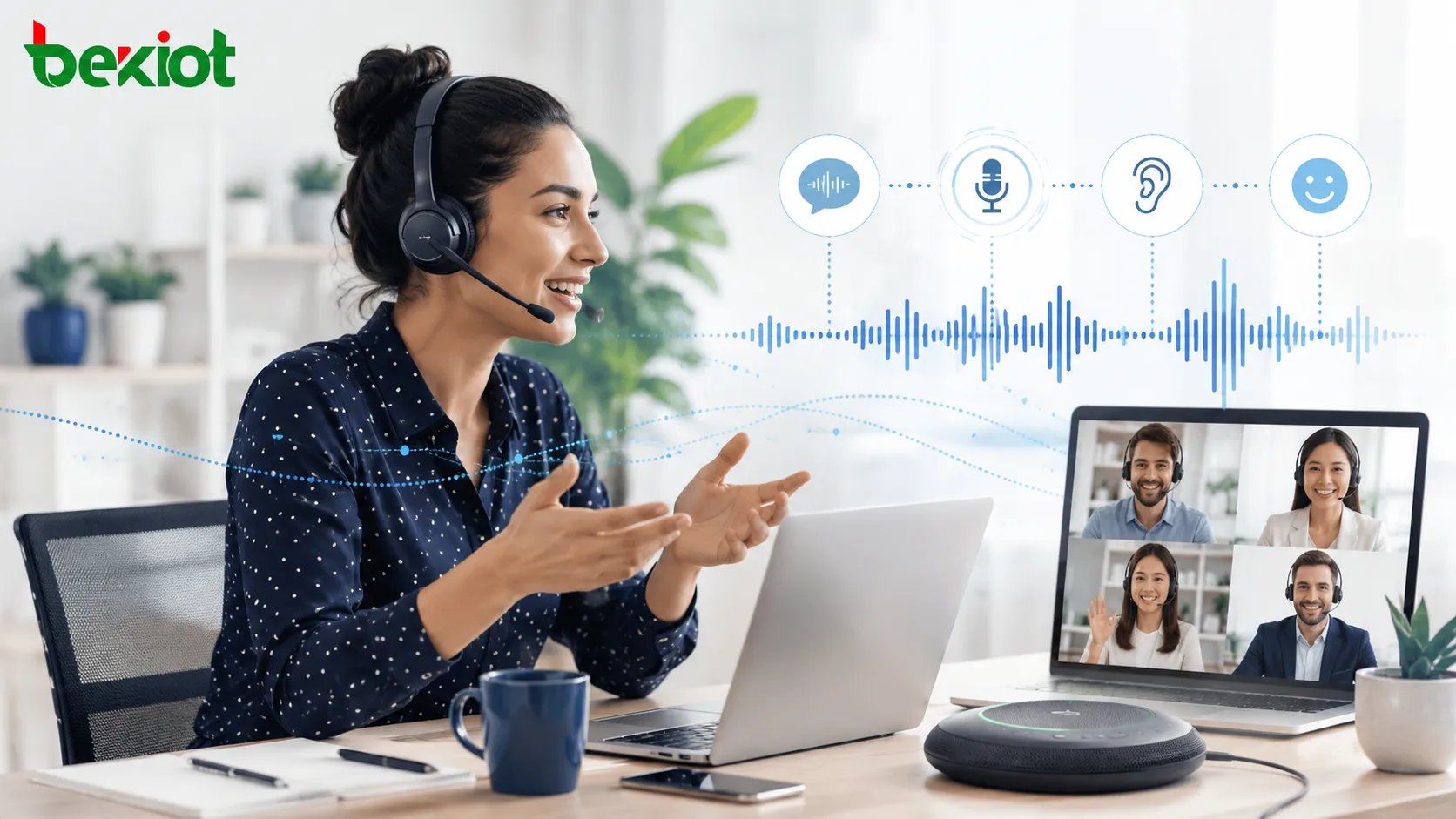 Beneficios de audio de Voz HD mostrando habla más clara, calidad de voz natural, reducción de la fatiga auditiva y mejor comunicación empresarial