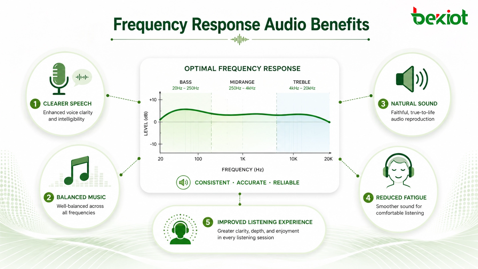 Beneficios sonoros de la respuesta en frecuencia que muestran un habla más clara, música equilibrada, sonido natural, menor fatiga y mejor experiencia de escucha