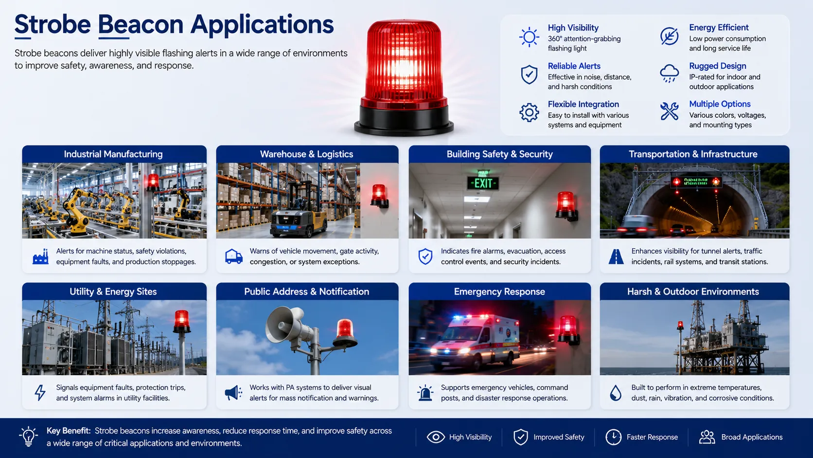 Aplicaciones de balizas estroboscópicas en fabricación industrial, logística de almacenes, seguridad en edificios, infraestructura de transporte, instalaciones de servicios públicos y sistemas de respuesta ante emergencias