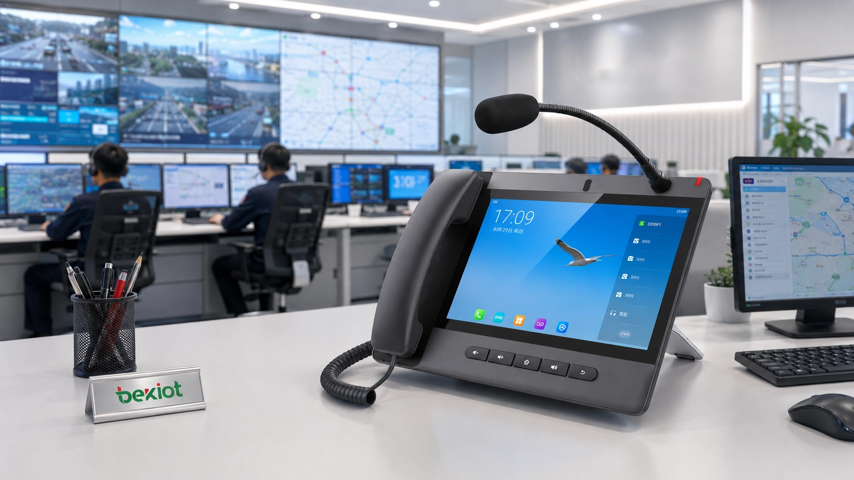 Consola de megafonía SIP con pantalla grande utilizada para comunicación visual en un centro de mando