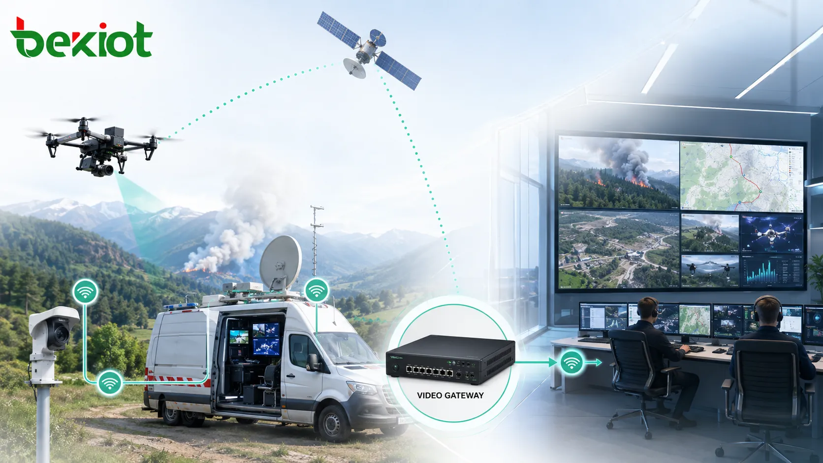 Enlace de comunicación por satélite de banda ancha que conecta video de drones, cámaras de campo, vehículo de comando de emergencia y centro de comando remoto a través de una puerta de enlace de video
