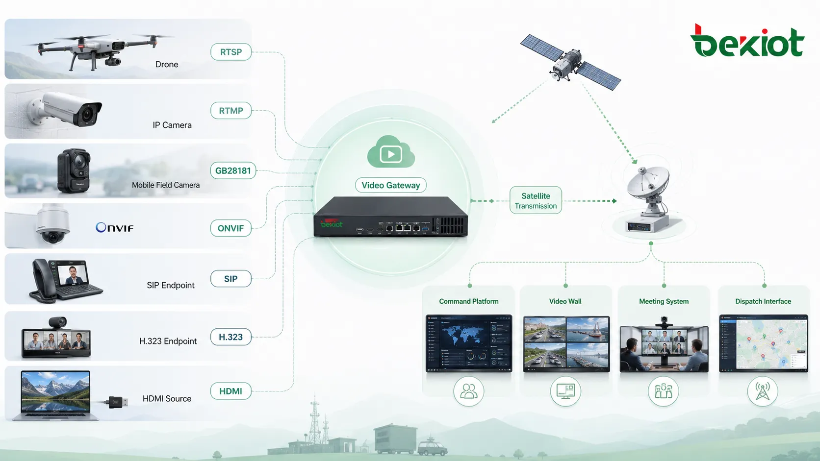 Arquitectura de puerta de enlace de video que conecta fuentes de video de drones RTSP RTMP GB28181 ONVIF SIP H323 HDMI con transmisión por satélite y plataforma de comando