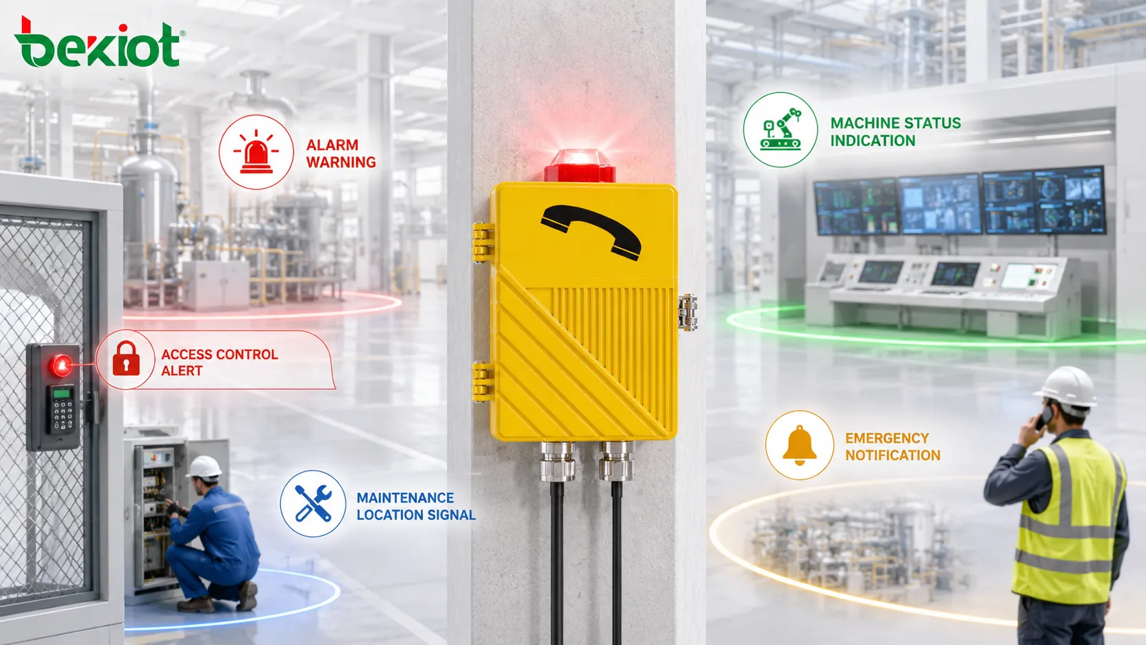 Funciones de la baliza estroboscópica mostrando advertencia de alarma, indicación de estado de máquina, notificación de emergencia, alerta de control de acceso y señal de localización para mantenimiento