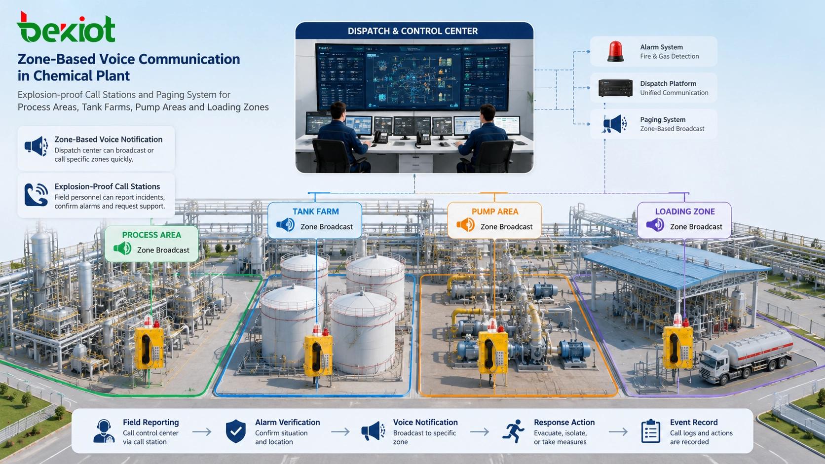 Planta química que utiliza estaciones de llamada a prueba de explosiones y sistema de megafonía para notificación por voz por zonas en áreas de proceso parques de tanques zonas de bombas y carga