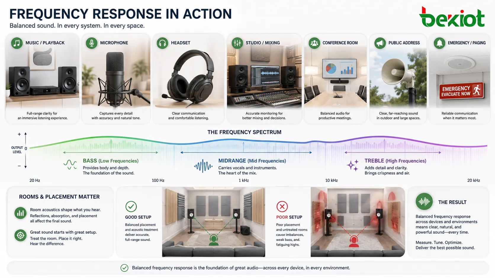 Aplicaciones de respuesta de frecuencia en altavoces micrófonos auriculares monitores de estudio salas de conferencia megafonía y sistemas de notificación de emergencia