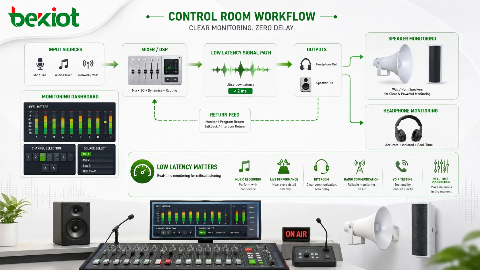 Características de monitorización de audio que muestran monitorización por auriculares, monitorización por altavoces, medidores de nivel, selección de canal, baja latencia y flujo de trabajo de audio en sala de control