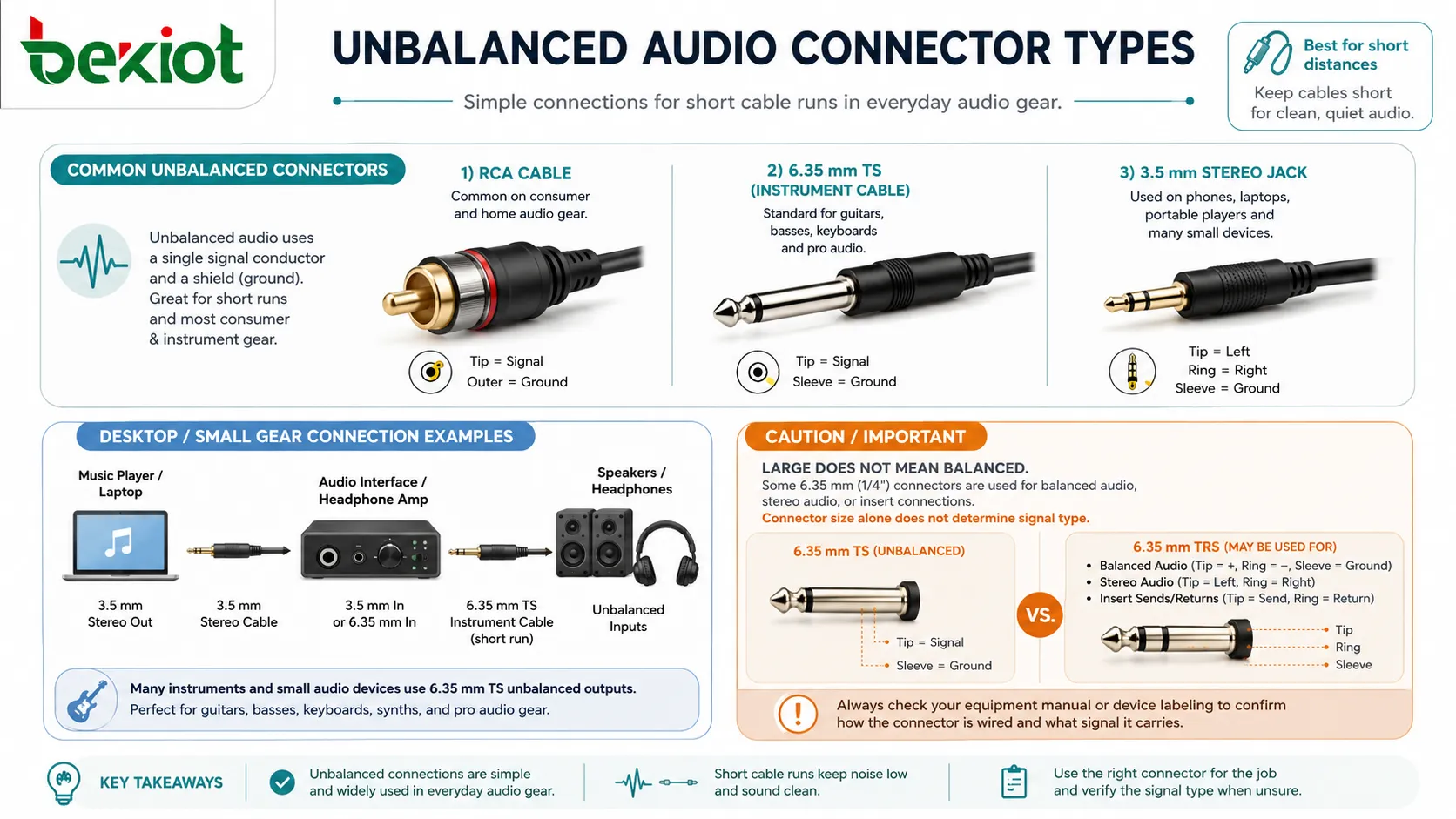 Tipos de conectores de audio no balanceado con cable RCA, cable TS de instrumento, jack estéreo de 3,5 mm y conexión corta de escritorio