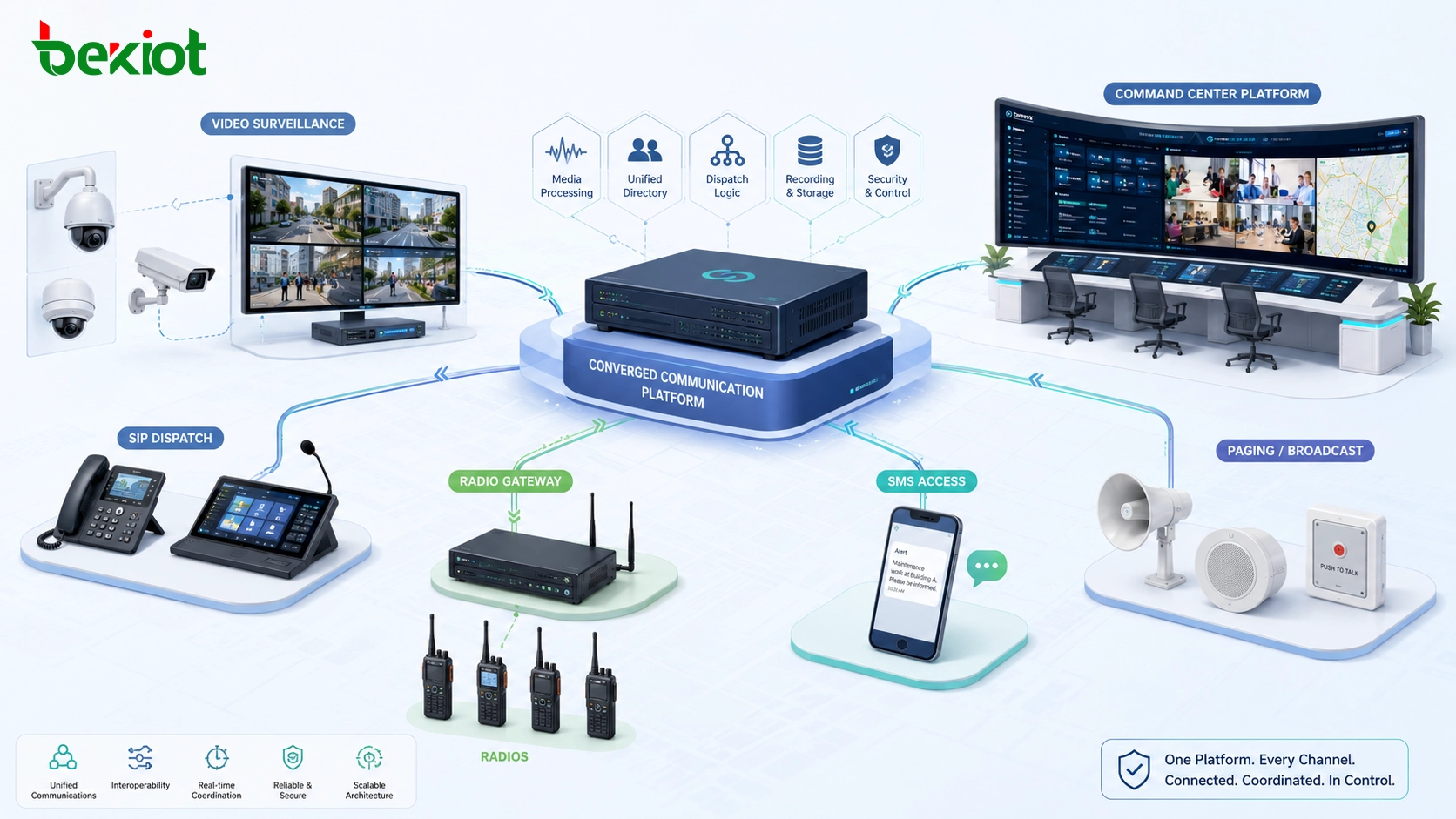 Sistema de comunicaciones convergentes que integra videovigilancia, despacho SIP, pasarela de radio, acceso SMS, buscapersonas y plataforma de centro de mando
