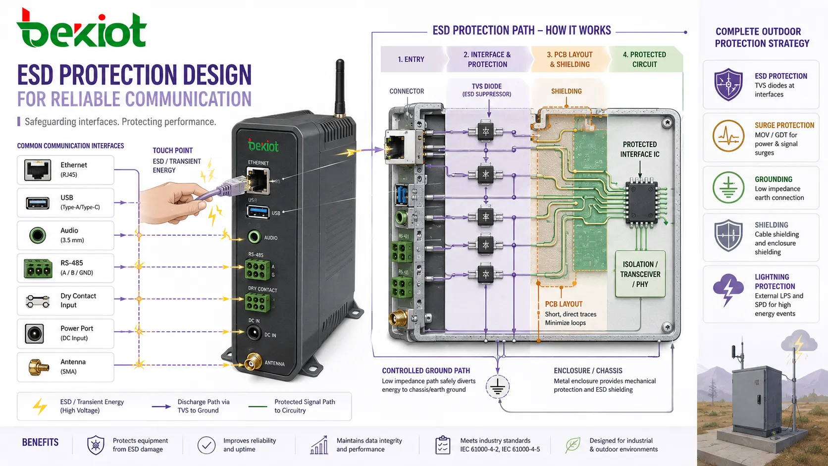 Diseño de protección ESD mostrando diodo TVS, blindaje de conector, diseño de PCB, ruta de tierra, carcasa, punto de contacto e interfaz de comunicación protegida