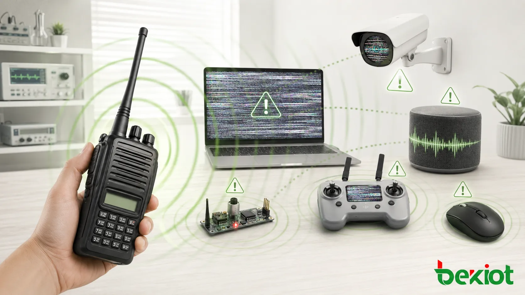 Radio portátil de alta potencia causando interferencia RF a computadora cámara sensor dispositivo de audio controlador de dron y ratón inalámbrico