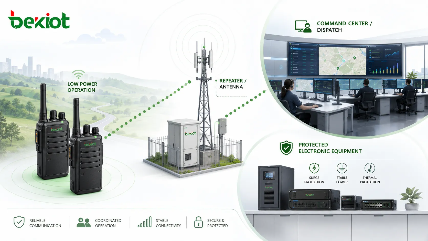 Sistema profesional de despacho por radio mostrando walkie-talkies operación de baja potencia repetidor antena centro de mando y equipos electrónicos protegidos
