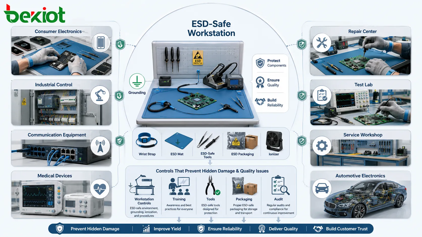 Aplicaciones de protección ESD en electrónica de consumo, control industrial, equipos de comunicación, dispositivos médicos, sistemas automotrices y estaciones de trabajo de fabricación