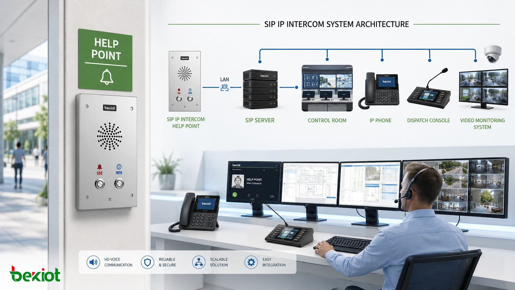 Punto de ayuda con intercomunicador IP SIP que conecta terminal fijo de llamada, servidor SIP, sala de control, teléfono IP, consola de despacho y sistema de videovigilancia
