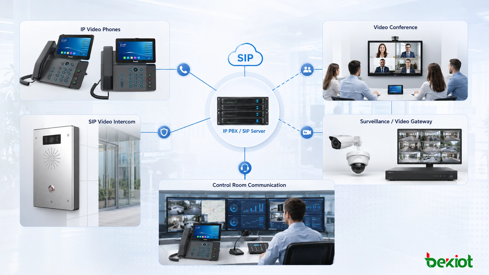 Enlace de vídeo IP PBX que muestra un teléfono IP sin vídeo vinculado con cámara de vigilancia y ventana emergente automática de vídeo durante un evento de llamada
