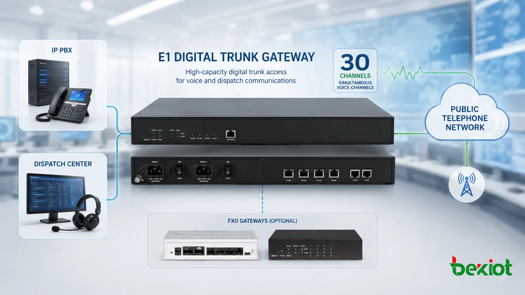 Gateway de troncal digital E1 que conecta IP PBX, centro de despacho y red telefónica pública con 30 canales de voz simultáneos