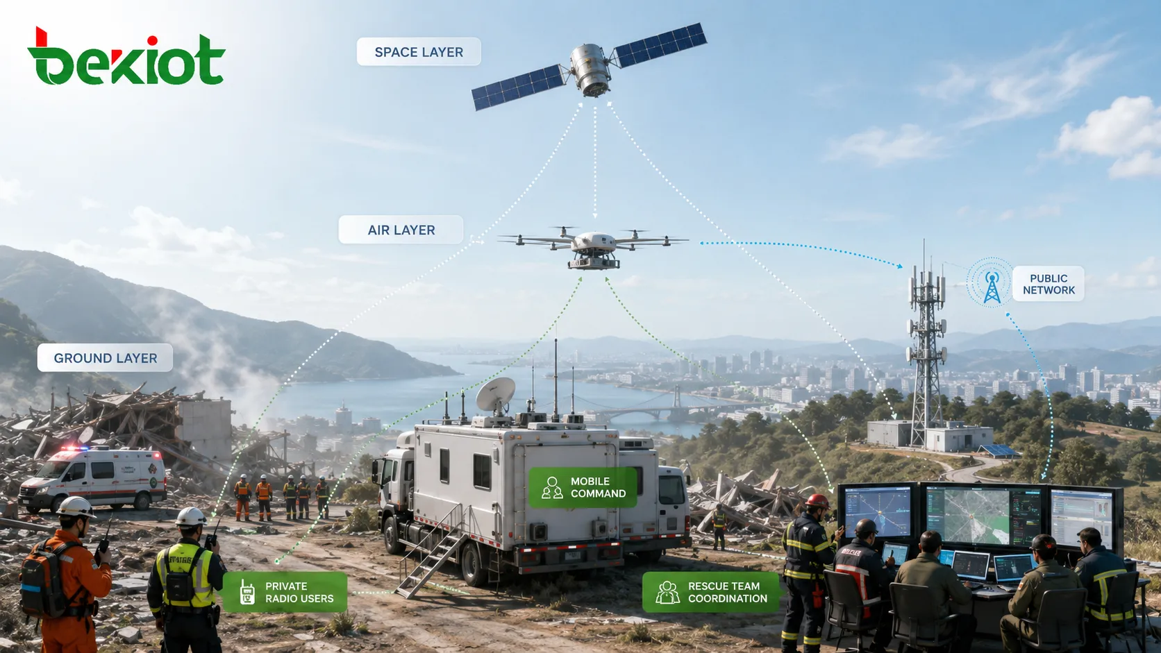 Comunicación de emergencia espacio-aire-tierra: capas de red, tecnologías y planificación de soluciones