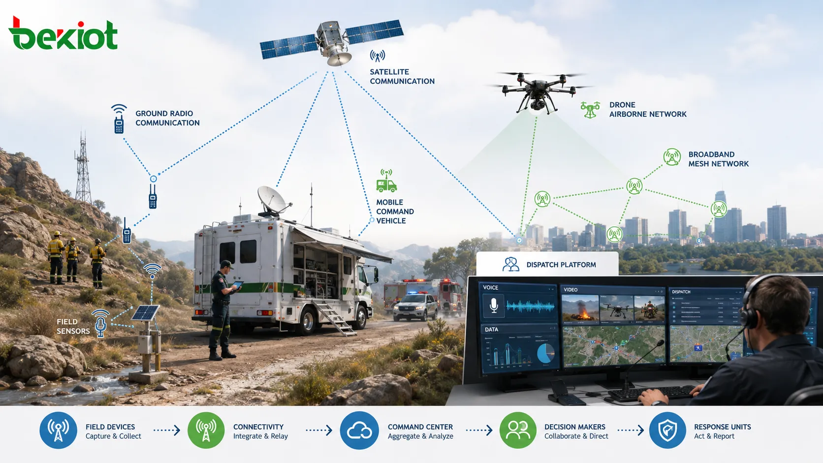 Sistema de mando de emergencia que integra comunicación satelital red aérea con drones radio terrestre mesh de banda ancha vehículo de mando sensores y plataforma de despacho