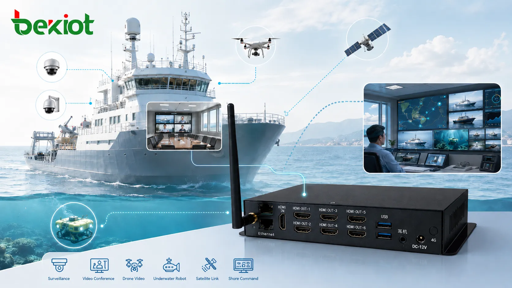 Transmisión ligera de vídeo satelital desde buque a centro de mando en tierra con cámara de dron vídeo 1080P alrededor de 200K de bitrate y monitoreo estable
