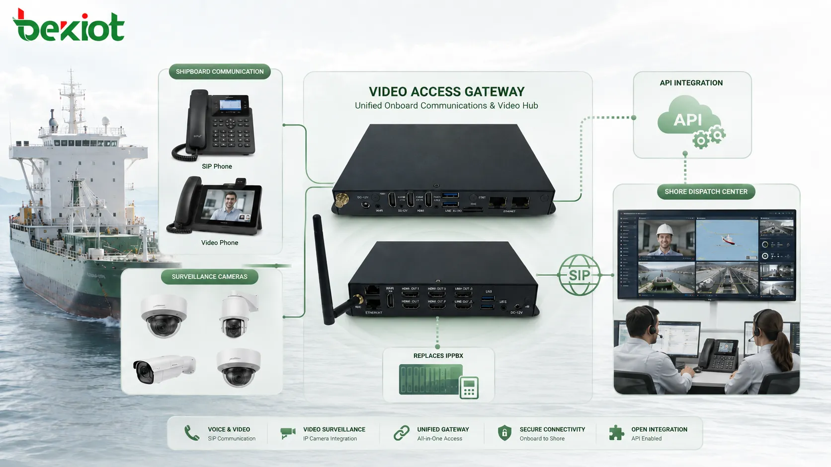 Arquitectura de comunicación de vídeo SIP a bordo que conecta teléfonos IP videoteléfonos cámaras de vigilancia pasarela de acceso de vídeo reemplazo de IPPBX API y centro de despacho en tierra