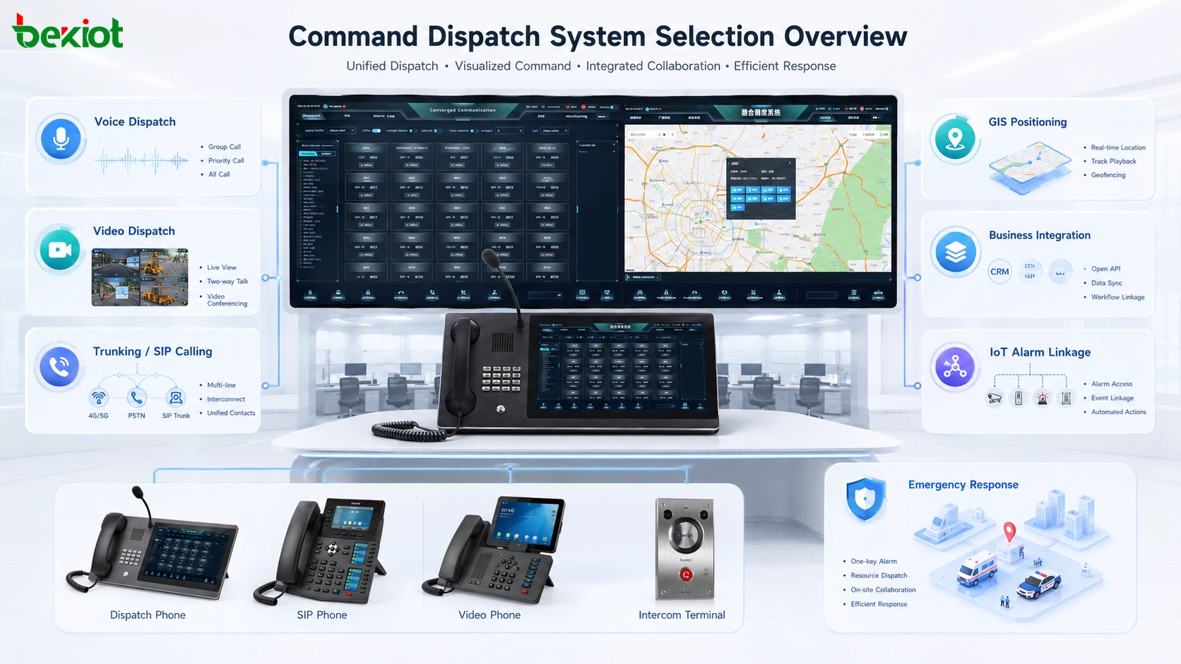 Vista general de selección de sistema de despacho de mando con despacho de voz, despacho de vídeo, trunking, GIS, integración empresarial, enlace de alarmas IoT y centro de respuesta ante emergencias