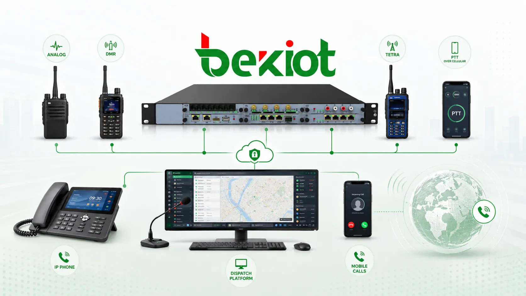 Interoperabilidad de comunicación híbrida que conecta radios analógicas DMR TETRA PTT de red pública terminales inteligentes teléfonos IP llamadas móviles externas y plataforma de despacho