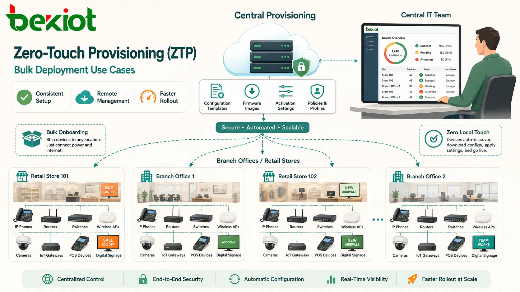 Casos de uso de despliegue masivo Zero-Touch Provisioning ZTP con teléfonos IP routers switches puntos de acceso inalámbricos cámaras gateways IoT y equipos de sucursal